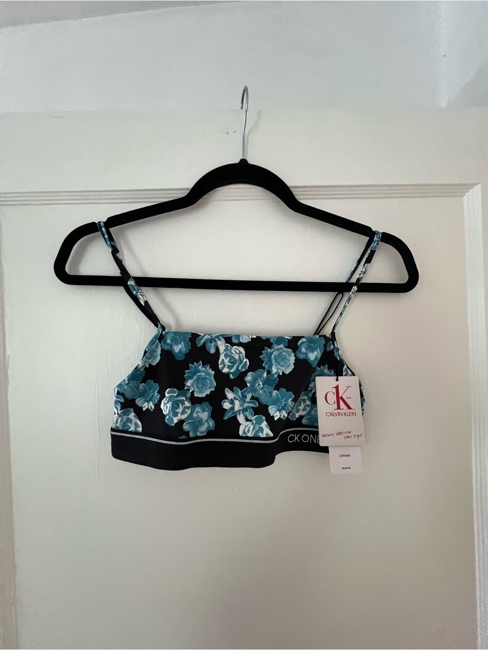 Calvin Klein Black Floral Crop Bralette with Teal Flowers